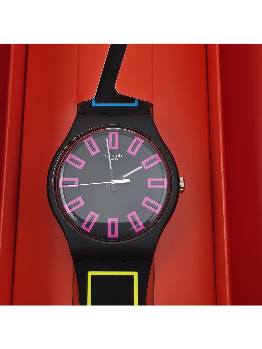 NEW Swatch Around The Strap Black Neon Watch SUOB146 Unisex